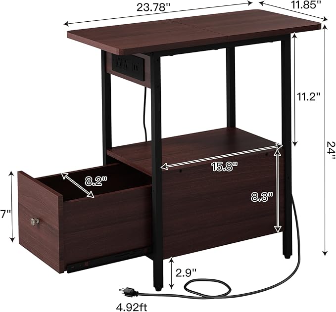LIDYUK End Table with Charging Station, Narrow Side Table with Drawer and USB Ports & Power Outlets, Nightstand Bedside Tables for Small Spaces, Bedroom, Living Room, Dark Cherry