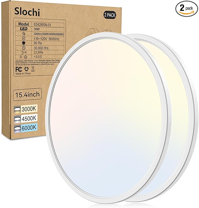 slochi 15.4 Inch 2 Pack Flush Mount LED Ceiling Light, 36W Ultra Thin LED Ceiling Light, 3000K/4500K/6000K 3 Color Temperature Low Profile Ceiling Light Fixtures for Bedroom, Kitchen, Living Room
