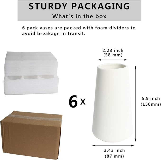 YANLING 6 Pack White Ceramic Vases for Home Decor, 6 Inch Modern Centerpieces for Pampas Grass, Table, Boho Flowers Decor