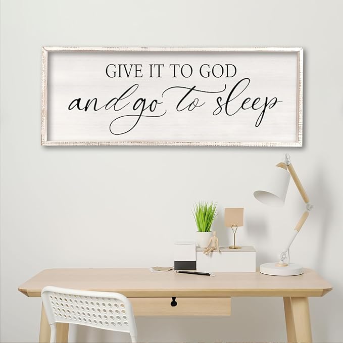 comurdyo Give It To God And Go to Sleep Sign 40''×15'' Master Bedroom Above Bed Wall Decor Wood Framed Couple Large Farmhouse Guest Room Rustic Simple Over Bedside Wall Art Hanging Decor (White)
