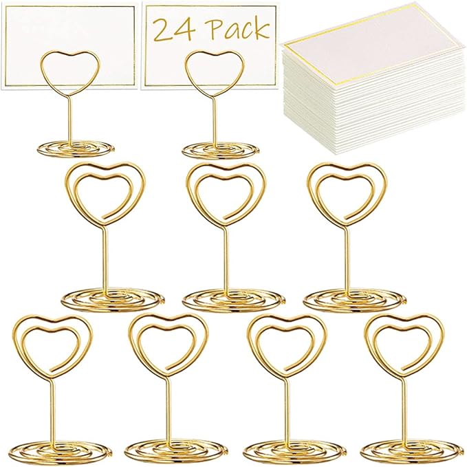 24 Pcs Mini Place Card Holders and 24 Pcs Place Cards with Gold Foil Border, Table Number Stand with Heart Shape, Table Card Holder Photo Picture Holder Memo Menu Clips for Wedding, Birthday
