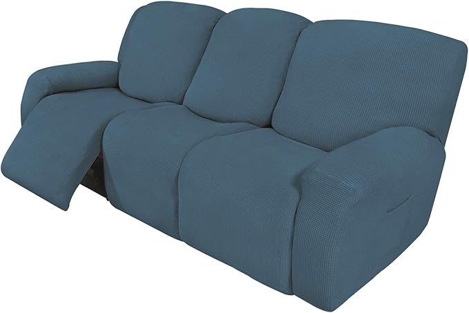 Easy-Going 8 Pieces Recliner Sofa Stretch Sofa Slipcover Sofa Cover Furniture Protector Couch Soft with Elastic Bottom Kids, Spandex Jacquard Fabric Small Checks Bluestone