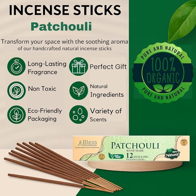 Bless-International-Patchouli 100%-Natural-Handmade-Incense-Sticks Organic-Chemicals-Free-for-Relaxation-Positivity-Yoga-Meditation 12-Inches-1-Hour-Plus-Burning-Time-150-Sticks-14-OZ