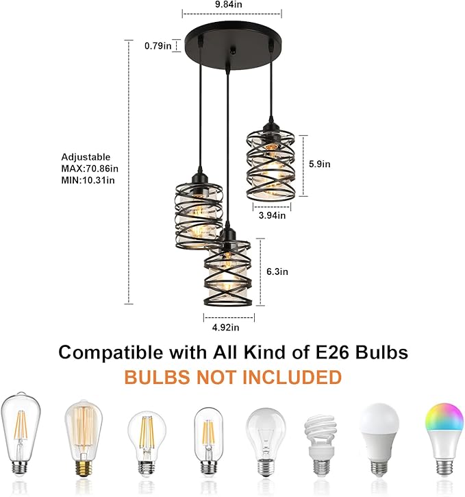 Pendant Lights Kitchen Island Black Pendant Light Fixtures 3-Light Spiral Iron Kitchen Island Lighting Adjustable Hanging Cluster Pendant Lighting for Dining Room with Clear Glass Shade