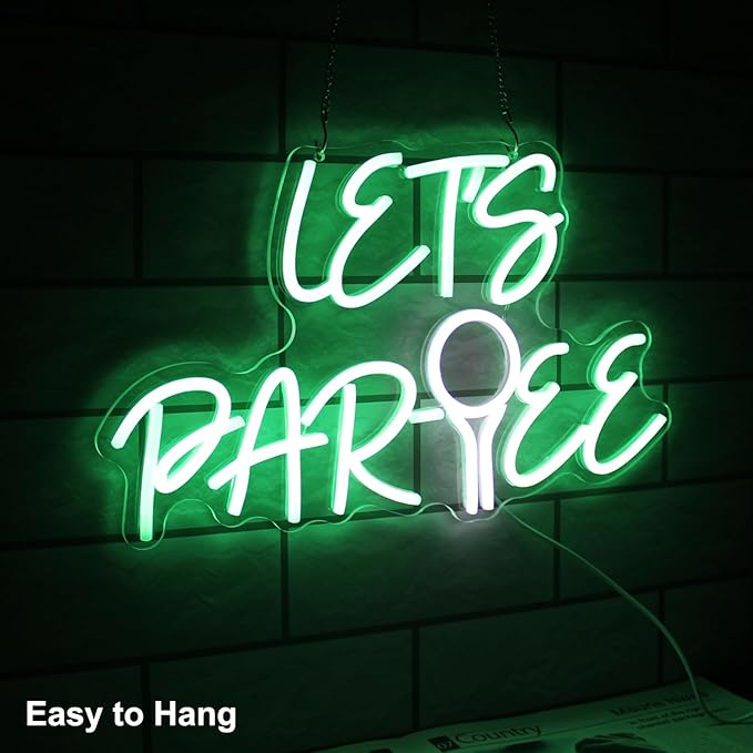 Let's Par Tee Neon Sign for Wall Decor - Green White LED Golf Ball Light - Dimmable Hanging Sign for Golf Club, Bedroom, Man Cave, Party
