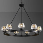 Black Wagon Wheel Chandelier, 36 Inch Black Chandeliers with Unique Glass Shade, 9-Light Crystal Farmhouse Wagon Wheel Chandeliers for Dining Room, Round Chandelier for Living Room, Foyer, Entryway