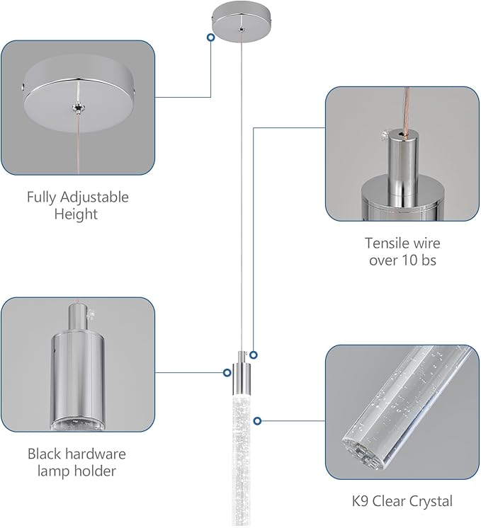 Modern Kitchen Island Pendant Light Dimmable LED Chrome Finish Mini Crystal Pendant Lighting Bedroom Bedside Table Small Pendant Lights（3-Pack）