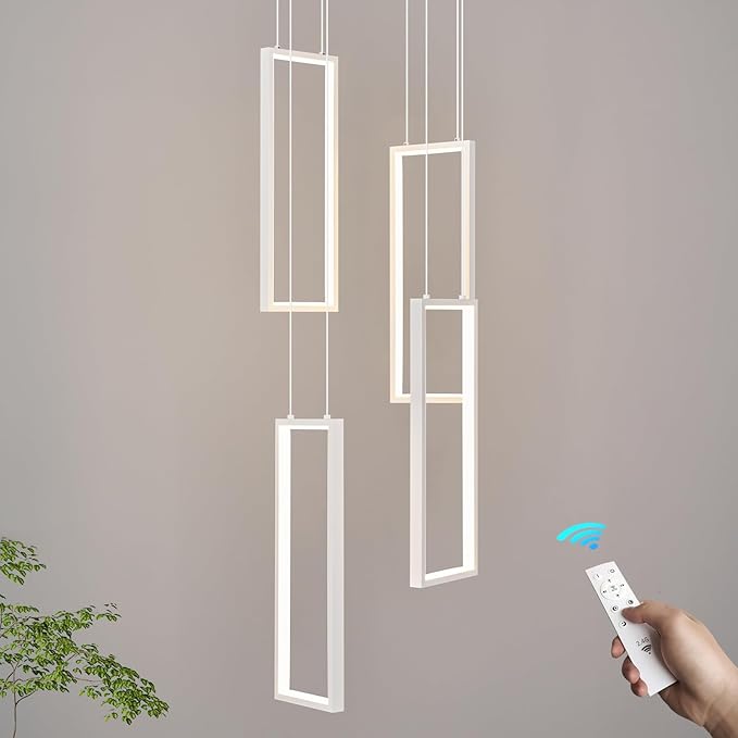 Modern Kitchen Island Dimmable Pendant Light Fixture White 54W LED Pendant Lights 4 Rings Rectangular Chandelier Staircase Large Chandelier Lobby Living Room Foyer High Ceiling Chandeliers