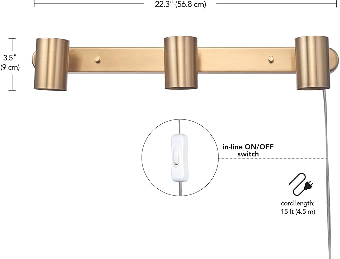 Globe Electric 59469 3-Light Plug-in Track Lighting, Matte Brass, Bulb Not Included