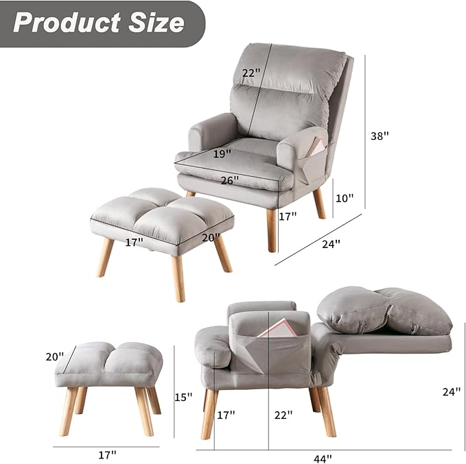 CANMOV Modern Accent Chair with Ottoman, Soft Fabric Armchair with Adjustable Backrest and Side Pockets, Comfy Lounge Chair for Living Room, Bedroom, Apartment, Office, Grey