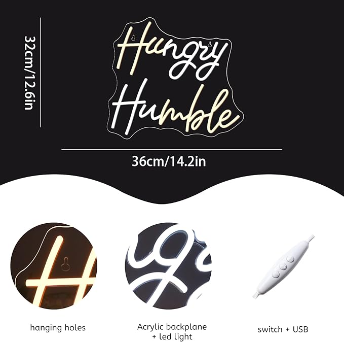 WLHOPE Hungry Humble Neon Sign Dimmable Led Signs for gym Wall Decor, Neon Lights USB Powered Transparent Acrylic Board Sign for office classroom bedroom Decoration14.17 * 12.6 inch