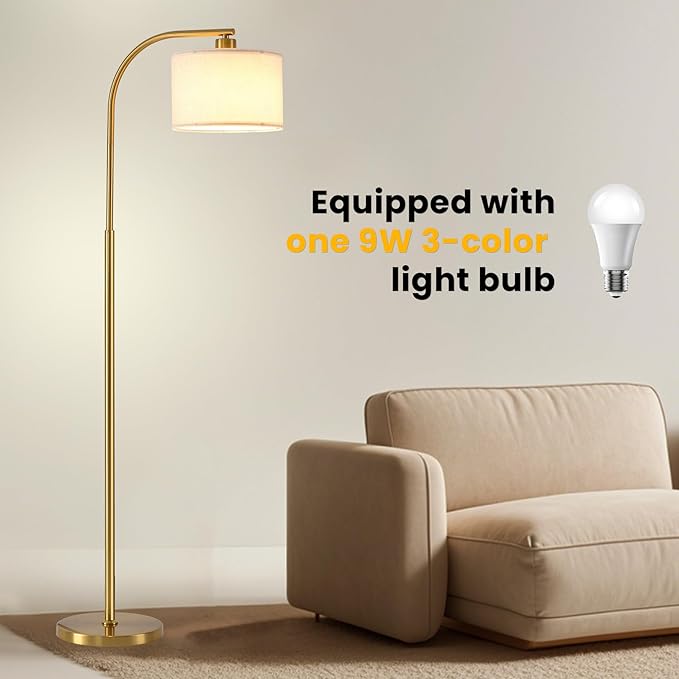 Tall Floor Lamp for Living Room,65'' Modern Standing Lamps with 9W LED Bulb,Dimmable Floor Light with Fabric Shade,Gold Tall Lamp for Bedroom Office Study Room Corner Dining Room