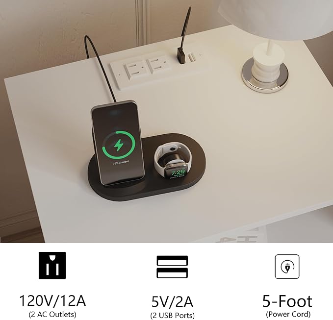 Rattan Nightstand with Charging Station,Farmhouse Bedside Table with 2 Storage Drawer and Open Wood Shelf, for Bedroom and Small Spaces,Night Stand with Solid Wood Legs (White-Outlet)