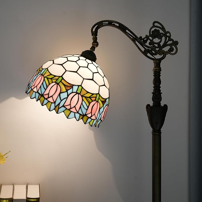 Tiffany Floor Lamp Pink Tulip Stained Glass Gooseneck Floor Light 63 inches Handcrafted Tiffany Style Standing Lamp with Angle Adjustable Lampshade for Reading Working Home Decoration