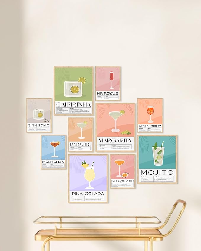 KBKBART Vintage Cocktail Poster Set of 10, Retro Bar Cart Accessories, Colorful Cocktail Wall Art, Funky Drink Aesthetic Pictures for Bar Cart Decor, Preppy Bar Art Prints for College Dorm Apartment - Unframed