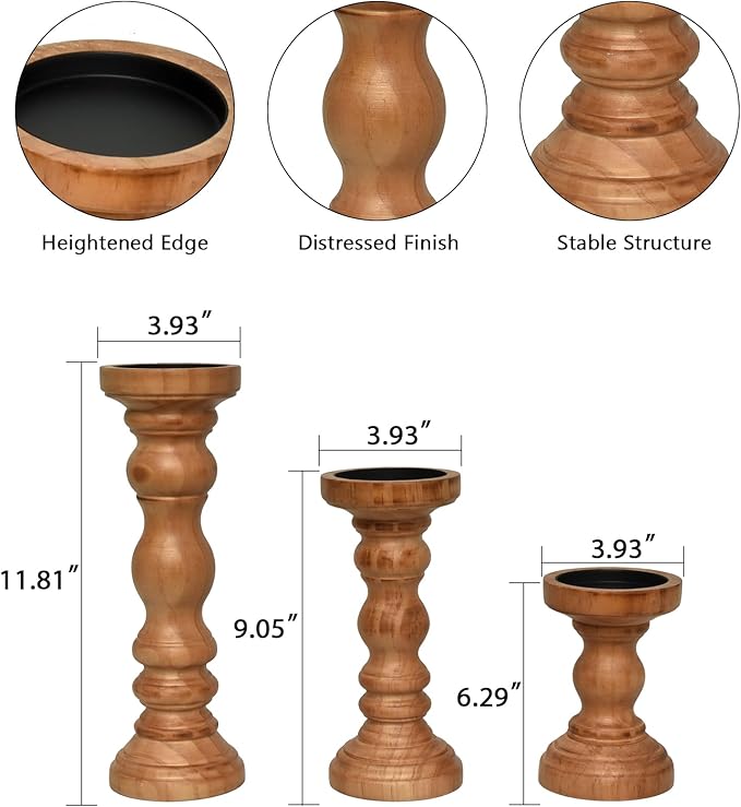 SWALLOWLIVING Rustic Farmhouse Wood Pillar Candle Holder Set of 3 for Candlestick, Brown