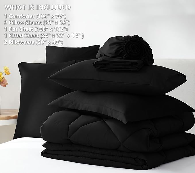 CozyLux California King Comforter Set Black - Cal King Bed in a Bag 7 Pieces, Luxury Soft Bed Set for All Seasons, Bedding Set with Down Alternative Comforter, Sheets, Pillowcases & Shams