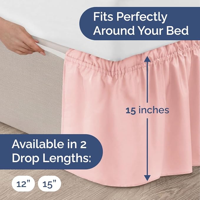 Wrap Around Dust Ruffle Bed Skirt - Baby Pink - King Size Beds w/ 15 Inch Drop - Easy Fit Elastic Strap - Adjustable Pleated Bedskirt w/Brushed Fabric - Wrinkle Free - Women, Men, Kids & Teens