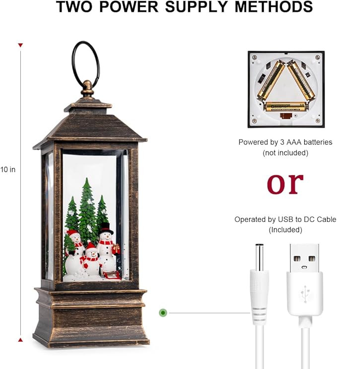 10'' Musical Snow Globe Lantern Lighted Snowman Family Water Lantern Swirling Glittering Home Decoration and Gift, Battery Operated or USB Powered