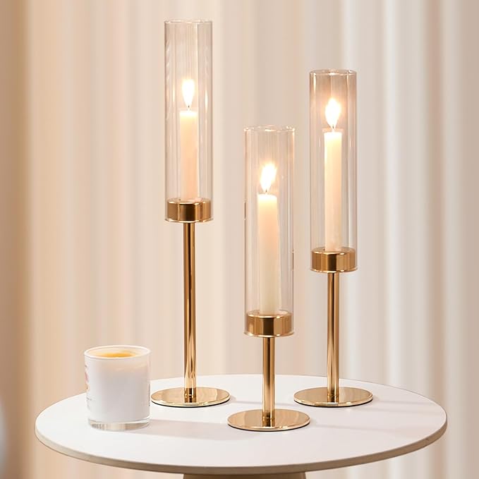 Gold Hurricane Candle Holders Set of 3, Tall Metal & Windproof Glass Taper Candle Holders, Outdoor/Indoor Table Centerpieces for Weddings, Christmas, Parties, Fireplace Decor