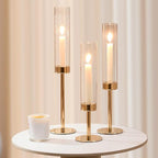 Gold Hurricane Candle Holders Set of 6, Tall Metal & Windproof Glass Taper Candle Holders, Outdoor/Indoor Table Centerpieces for Weddings, Christmas, Parties, Fireplace Decor