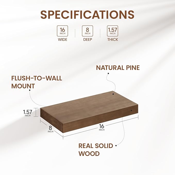 Heimlove Floating Shelves for Wall,2 Packs 16 inches Natural Pine Solid Wood Bathroom Shelf Over Toilet Decor and Storage 8 inches Deep for Kitchen Bedroom Office & Living Room Wall Decor