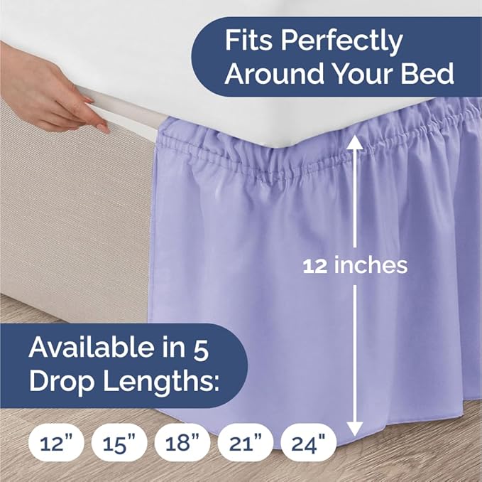 Wrap Around Dust Ruffle Bed Skirt - Lavender - for Queen Size Beds with 12 Inch Drop - Elastic Strap - Adjustable Pleated Bedskirt with Brushed Fabric and Wrinkle Free - for Women, Men, Kids & Teens
