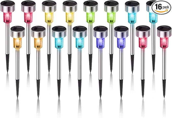 Solar Lights Outdoor Waterproof, Stainless Steel LED Landscape Lighting, Solar Garden Lights Solar Powered, Outdoor Solar Lights for Yard, Pathway, Walkway, Patio , Lawn - 16 Pack ( Multicolor )