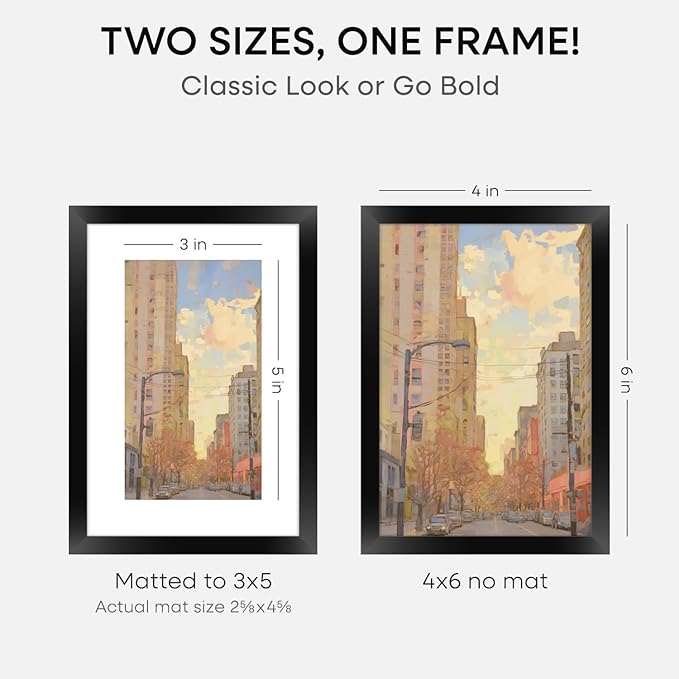 Homeforia 4x6 Picture Frame Black, High End Metal 4 x 6 Black Frames with Mat 3 x 5 for Art, 4x6 Desk Frame Matted to 3x5 inch Photo, 4 by 6 Wall or Tabletop Frames, Tempered Glass, Wall Kit, Set of 1