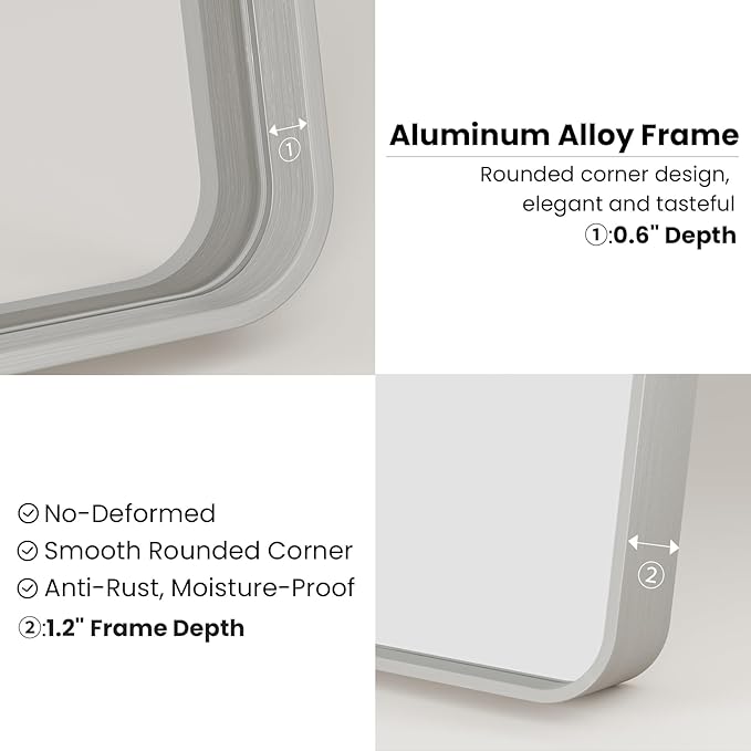 Brushed Nickel Bathroom Mirror 24x36 Inch, Brushed Silver Metal Frame Mirror Wall Mounted, Rounded Rectangle Bathroom Vanity Mirror, Tempered Glass, Anti-Rust, Horizontal/Vertical