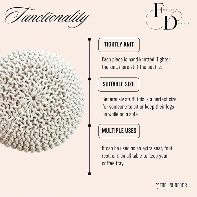 FRELISH DECOR Round Pouf Ottoman Hand Knitted 100% Cotton Pouf Foot Stool - Knitted Bean Bag - Floor Chair for Living Room Bedroom - Foot Rest for Couch (20 Diameter x 14 Height) - Natural