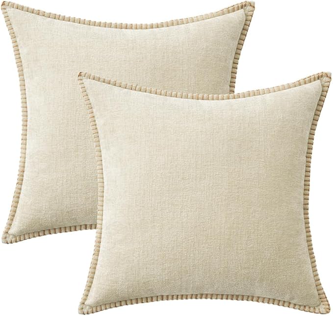 MIULEE Pack of 2 Christmas Pillow Covers 16x16 Inch Cream White Farmhouse Decorative Throw Pillow Covers with Stitched Edge Soft Chenille Solid Dyed Couch Pillow Covers for Sofa Bed Living Room