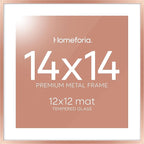 Homeforia 14x14 Picture Frame Rose Gold, High End Metal 14 x 14 Square Poster Frame with Mat 12 x 12 Photo, 14x14 Frame Matted to 12x12 Print, 14by14 Hanging Frames, Tempered Glass, Wall Kit, Set of 1