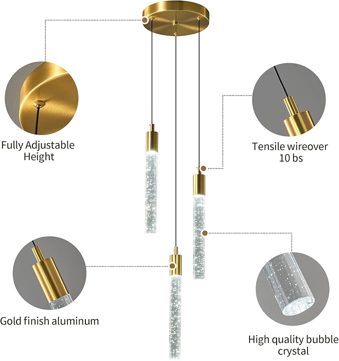Modern Light Fixture Kitchen Island Pendant Light Dimmable LED Gold Pendant Lights Mini Crystal Pendant Lighting for Bedroom Dining Room Living Room（3-Light ）