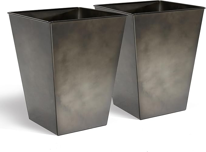 KOL 18''H. Bright Glazed Planter with Drainage Hole, Set of 2, Galvanized Steel Planter Pots for Indoor & Outdoor Use, Decorative Flower Plant Pots for Front Porch, Patio, Deck - Black