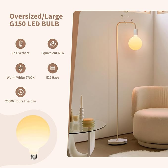 ONEWISH Modern Floor Lamp, Minimalist Standing Lamp with LED Bulb - Matt White Globe Glass 2700k Warm Light. 5.4ft Tall Floor Lamp for Livingroom, Bedroom, Office