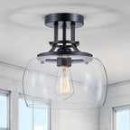 WUZUPS Chandelier Rustic Farmhouse Industrial Round Semi-flushmount Ceiling LED Light Fixture with Clear Glass Shades for Bathroom Kitchen Foyer Entryway, H 10" x W 10", E26 Base, Black