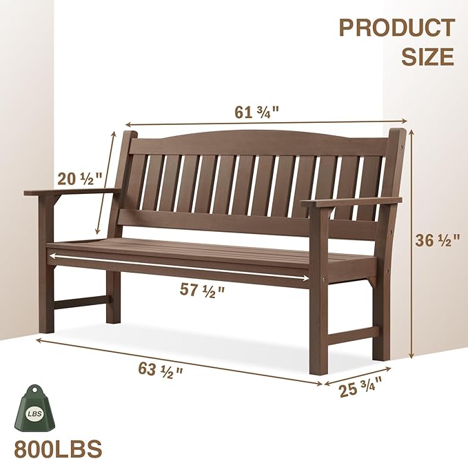 Psilvam 3-Person Outdoor Memorial Bench, All-Weather Poly Lumber Garden Bench, Rot-Resistant Outdoor Patio Bench for Park,Porch,and Church(Brown)