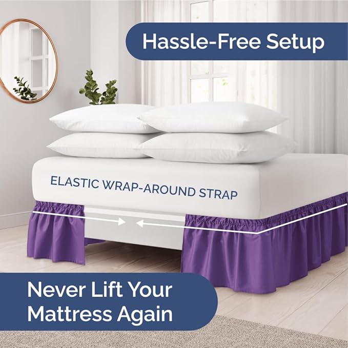 Wrap Around Dust Ruffle Bed Skirt - Purple - for Full Size Beds with 12 Inch Drop - Easy Fit Elastic Strap - Adjustable Pleated Bedskirt w/Brushed Fabric - Wrinkle Free - for Women, Men, Kids & Teens