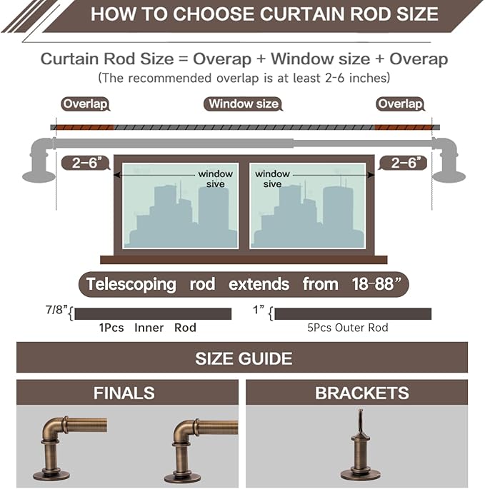 Industrial Curtain Rods 18 to 144 in,Blackout Curtain Rod,Adjustable Length,1 in Diameter Pipe,with Aluminium Finials (Antique Brass, 18” to 144”)