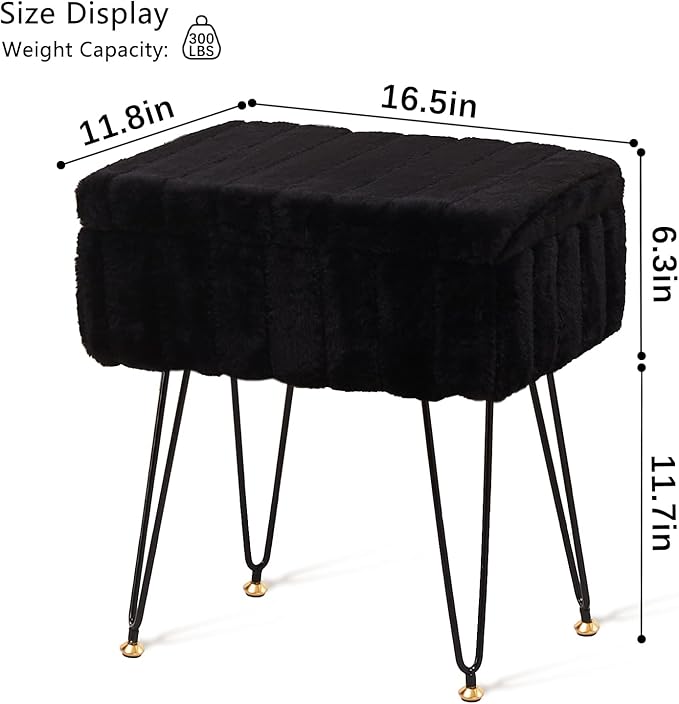 Wimarsbon Storage Ottoman, Vanity Stools with Metal Legs, 16.5" x 11.8" x 18" Modern Faux Mink Fur Footstool, Makeup Chair with Anti-Slip Feet, Accent Table,Footrest,Storage Bench for Bedroom