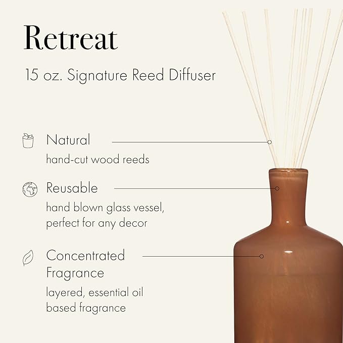 LAFCO New York Signature Reed Diffuser, Retreat - 15 oz - Up to 9 Months Fragrance Life - Reusable, Hand Blown Glass Vessel - Natural Wood Reeds - Made in The USA