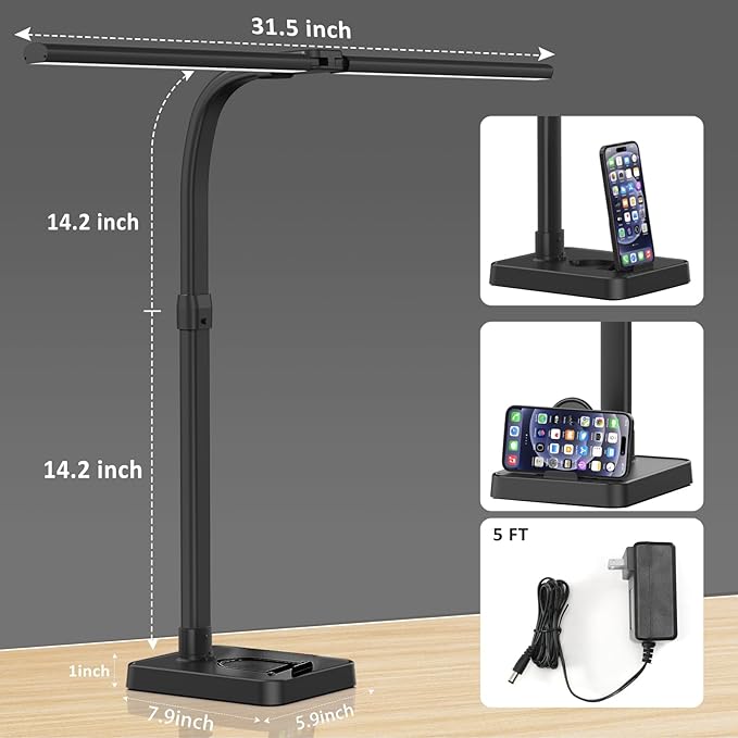 LED Desk Lamp for Home Office, 24W Bright Desk Lamp with Phone Holder Base - 25 Lighting Modes Eye-Caring Desk Light Adjustable Gooseneck Lamp for Workbench Drafting Reading Study