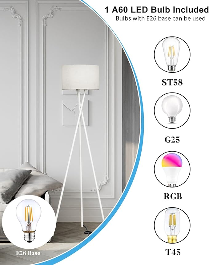 Lightdot White Tripod Floor Lamp, Modern Floor Lamp for Living Room, Standing Lamp with Linen Shade, E26 Bulb Included, 66" Tall Floor Lamp for Bedroom, Home Office
