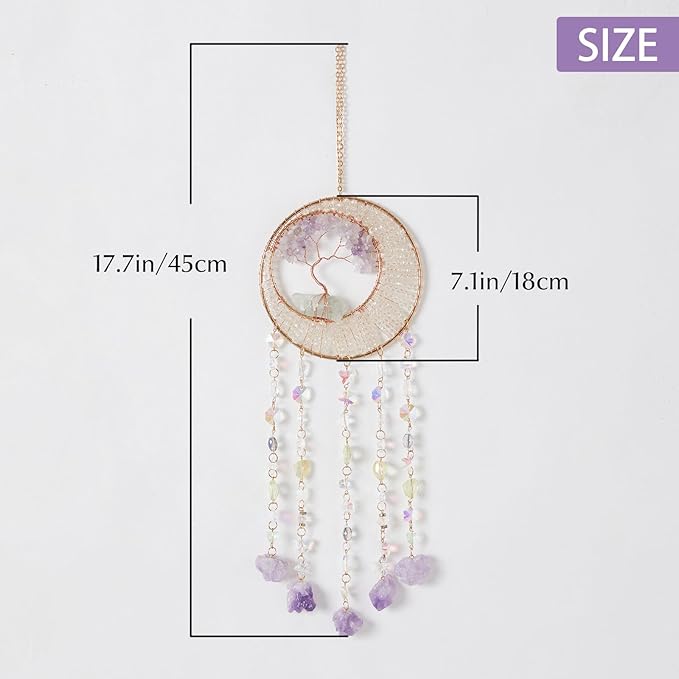 Green Quartz Gemstone Dream Catcher Tree of Life Chakra Dream Catchers with Healing Crystal Stones Handmade Dreamcatcher Sun Catcher Wall Decor for Boys Girls,Bedroom,Wedding,Garden,Bless Gift