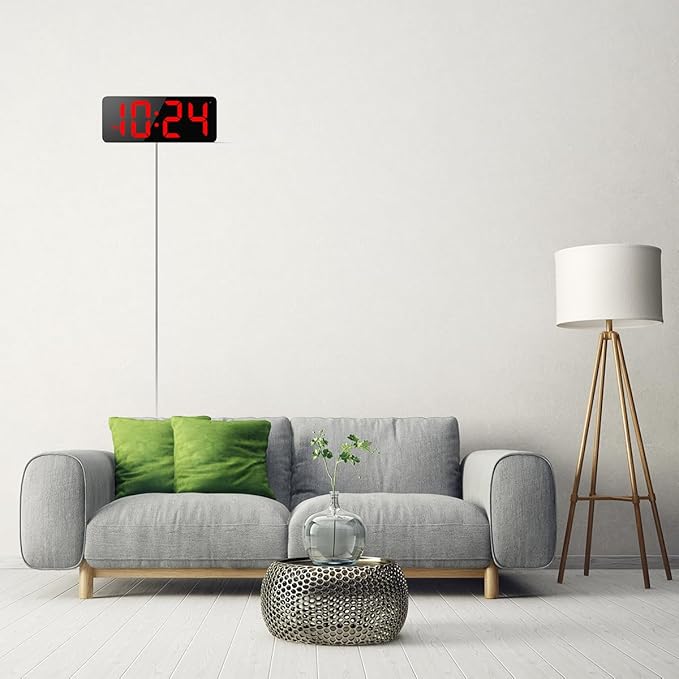 LED Digital Wall Clock with Large Display, Big Digits, Auto-Brightness, 12/24Hr Format, Modern Electric Small Silent Wall Clock for Living Room, Bedroom, Classroom, Farmhouse, Kitchen, Office - Red