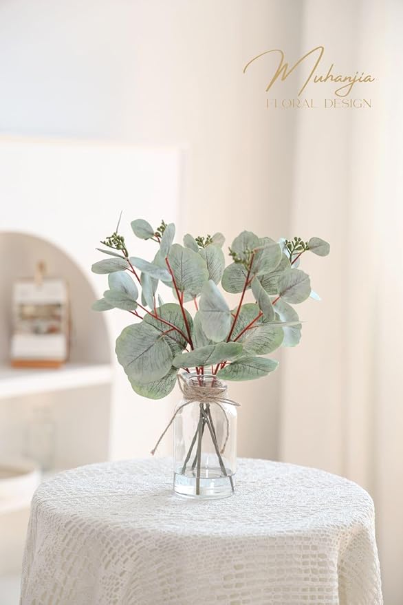 Artificial Eucalyptus Stems in Glass Vase with Faux Water,5Pcs Fake Plant with Double-Sided Leaves and Green Seeds for Centerpiece (Double-Sided Green Eucalyptus with Seed)