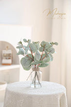 Artificial Eucalyptus Stems in Glass Vase with Faux Water,5Pcs Fake Plant with Double-Sided Leaves and Green Seeds for Centerpiece (Double-Sided Green Eucalyptus with Seed)