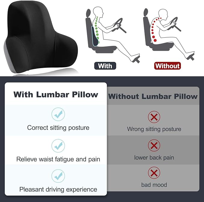 Lumbar Support for Car - Back Cushion for Driving Seat Lower Back Pain Relief - Memory Foam Lumbar Pillow for Car/Office Chair - Ergonomic Streamline Soft Washable Cover-Black&Grey