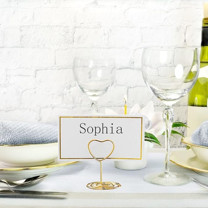 24 Pcs Mini Place Card Holders and 24 Pcs Place Cards with Gold Foil Border, Table Number Stand with Heart Shape, Table Card Holder Photo Picture Holder Memo Menu Clips for Wedding, Birthday